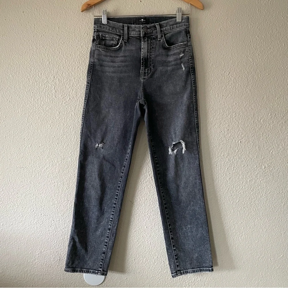 7 For All Mankind High Waist Cropped Straight Jeans Womens 26 Faded Black Ripped - Picture 1 of 15
